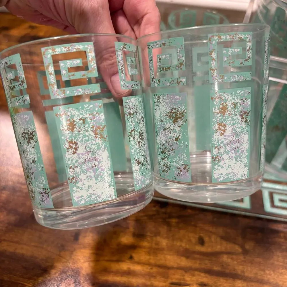 Vintage HJ Stotter Lucite Ice Bucket Tray Lowball Rocks Glass Set Grecian Boha